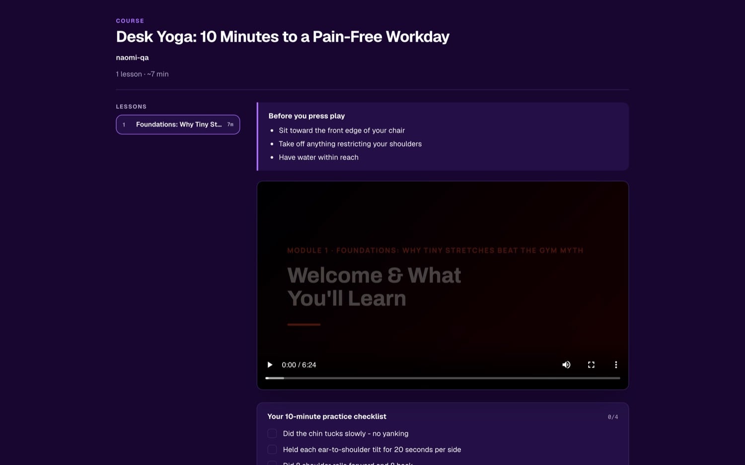 A finished Loquy course page with lesson list and video player