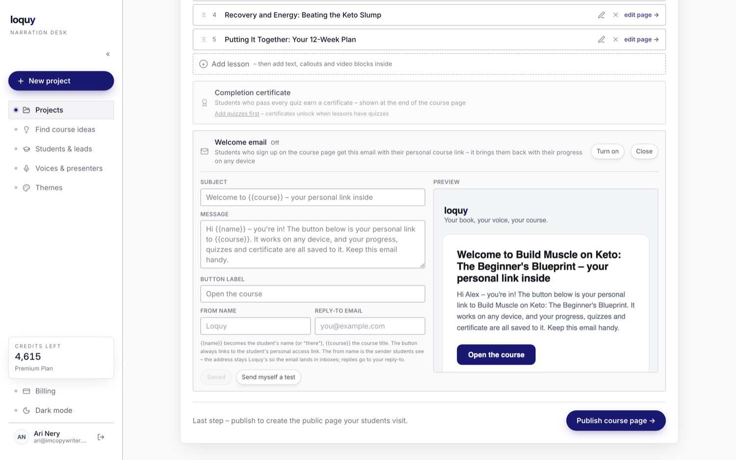 The Loquy welcome-email customizer with the editable email on the left and a live preview on the right