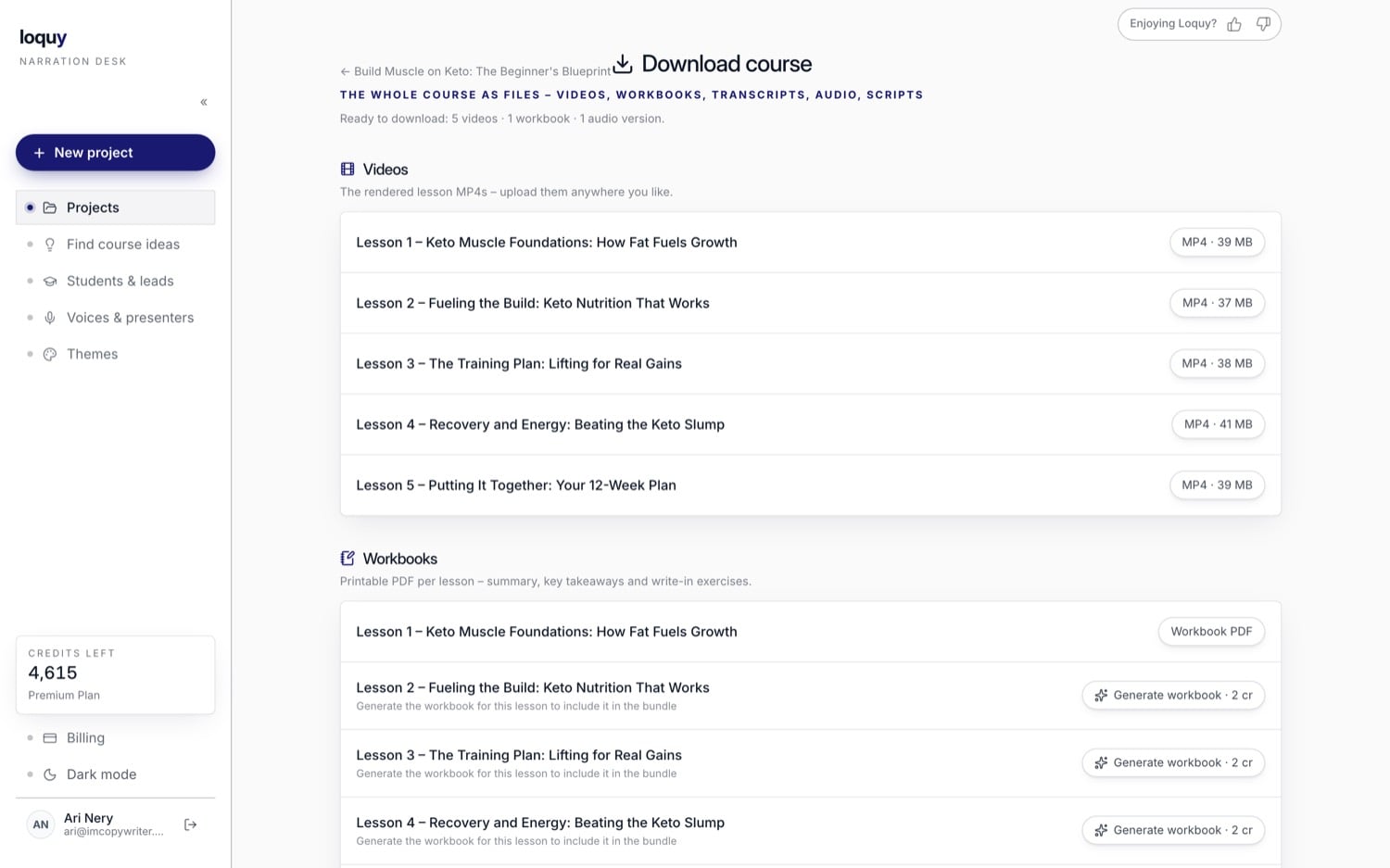 The Loquy download screen - videos, workbooks, transcripts, audio, scripts