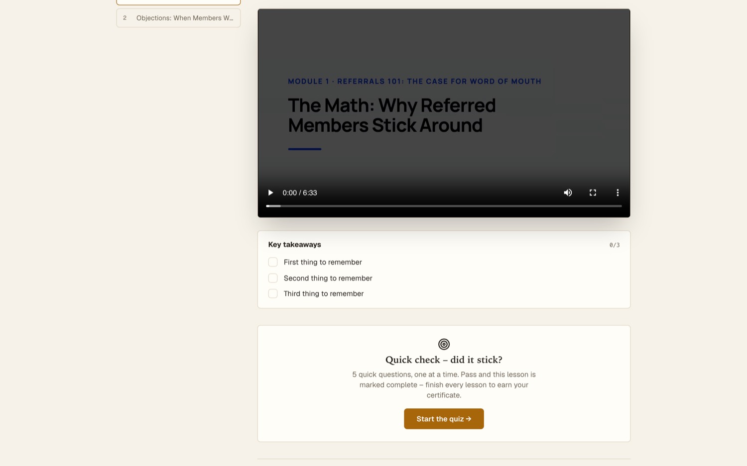A Loquy lesson page with the video, key takeaways checklist and a quiz card the student takes to complete the lesson