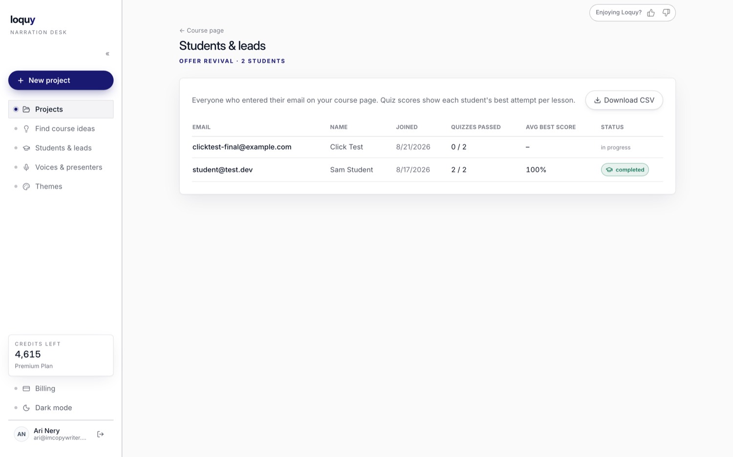 The Loquy Students and Leads dashboard listing enrolled students with export