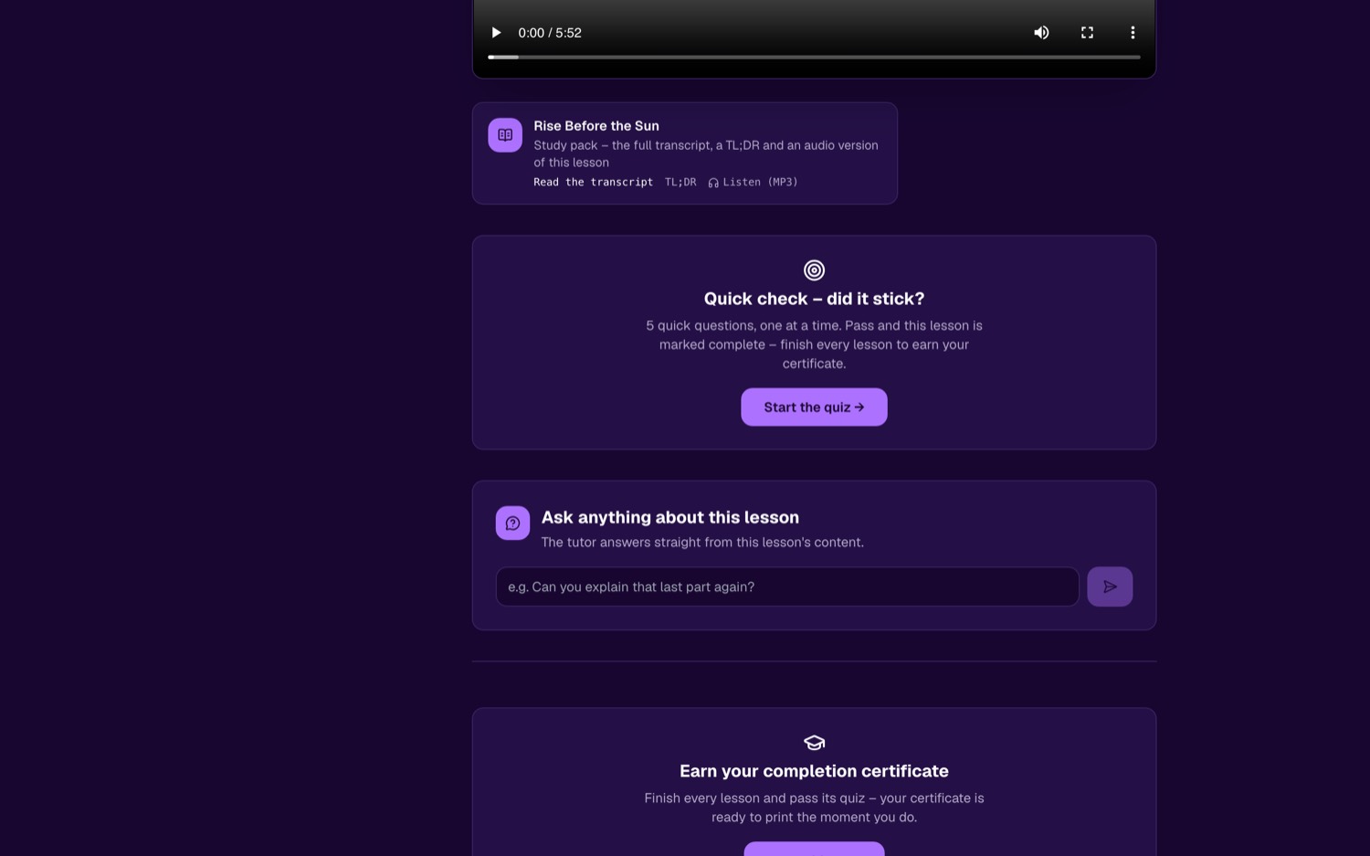 The Loquy AI tutor chat answering a student question on a lesson page