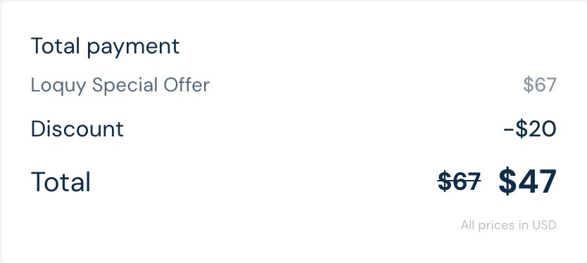 The checkout totals: Loquy Special Offer $67, discount -$20, total $47